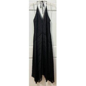 BCBG Dress Black Sequin Halter Asymmetric Y2K 90s V Cocktail Wedding 4 6 8 M